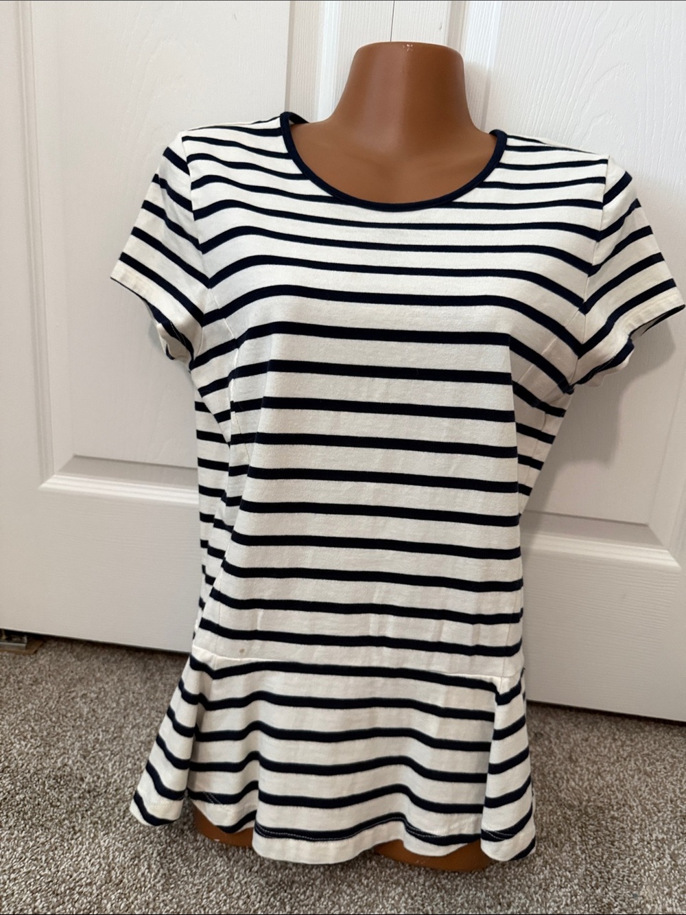 Ralph Lauren White and Navy Striped Peplum Short-Sleeve Tee - Picture 1 of 6